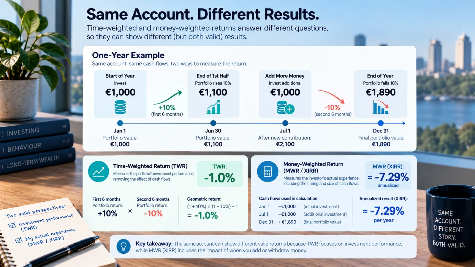 One-year example comparing time-weighted return and money-weighted return for a portfolio with a midyear deposit.