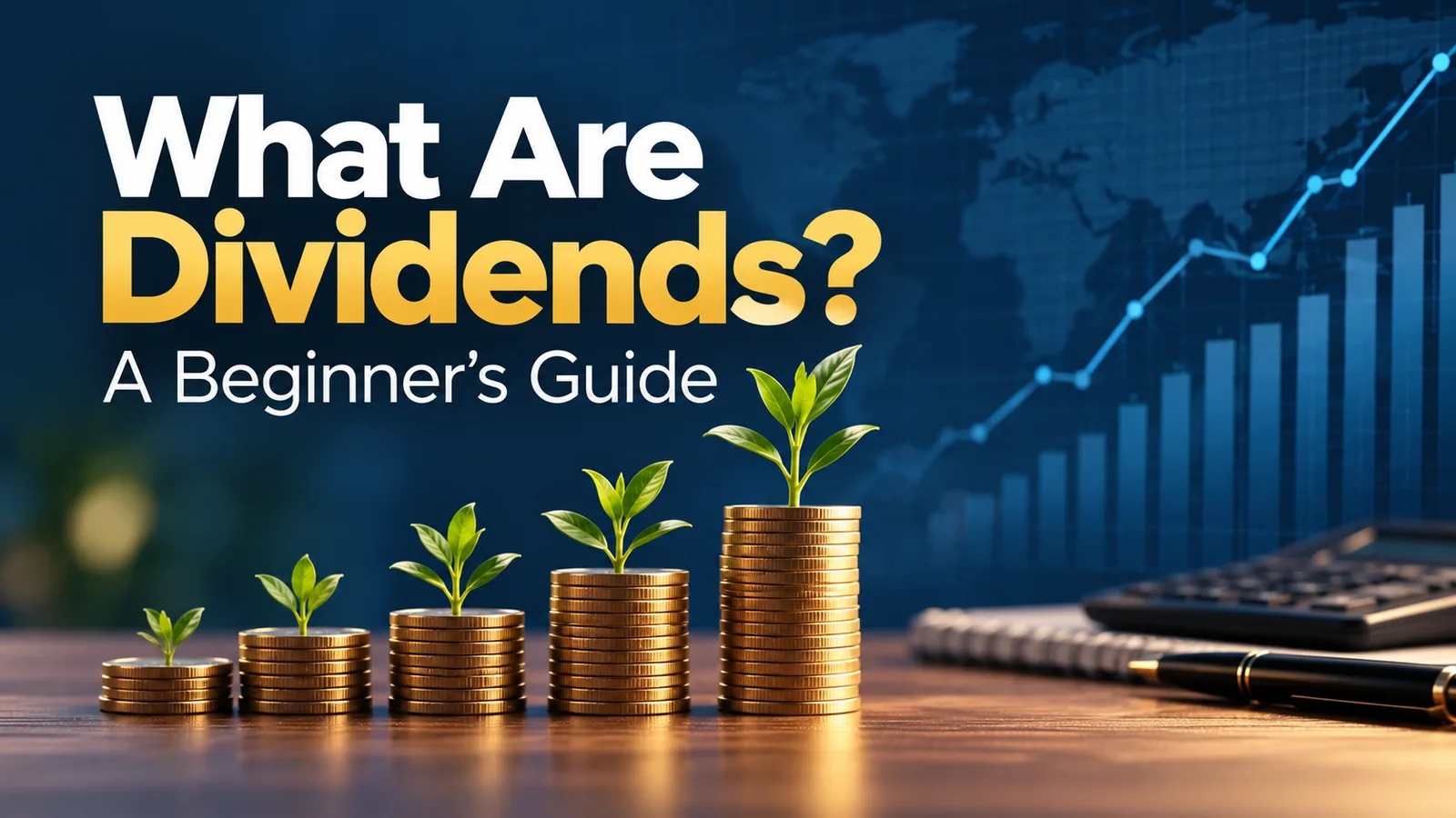 Original financial education illustration of growing coin stacks and market charts with a dividend investing theme.