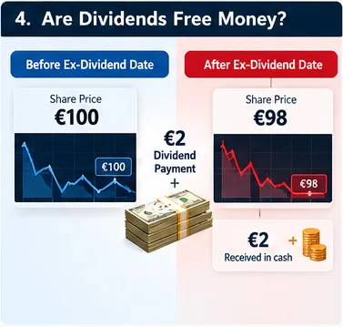 Illustration of an ex-dividend share price adjustment alongside a cash dividend.