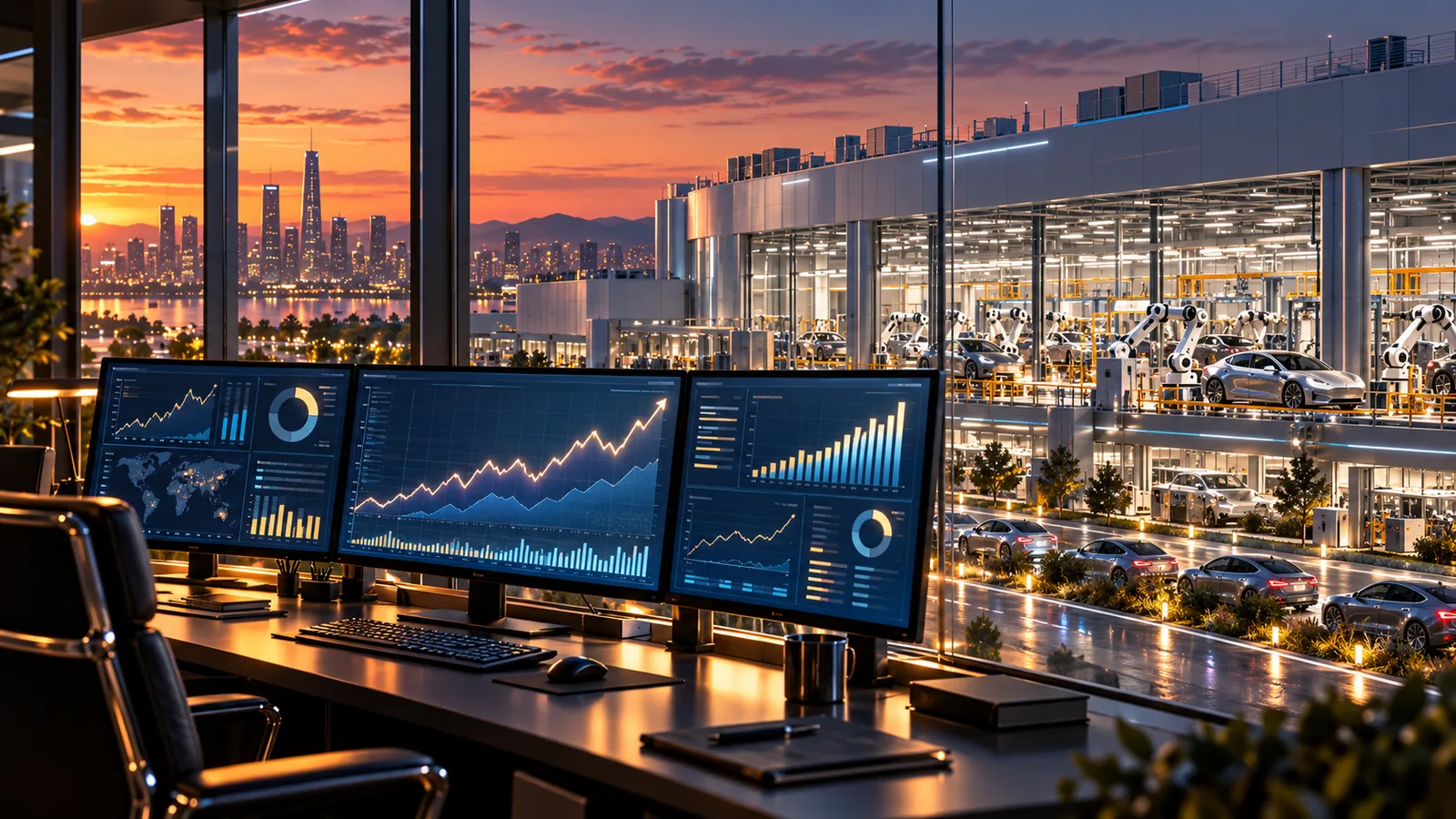 AI-generated conceptual illustration of financial dashboards overlooking an electric vehicle factory