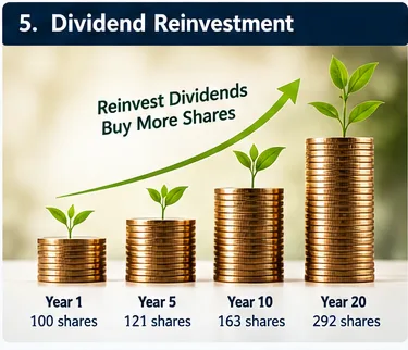 Illustration of dividend reinvestment and growth in share holdings over time.