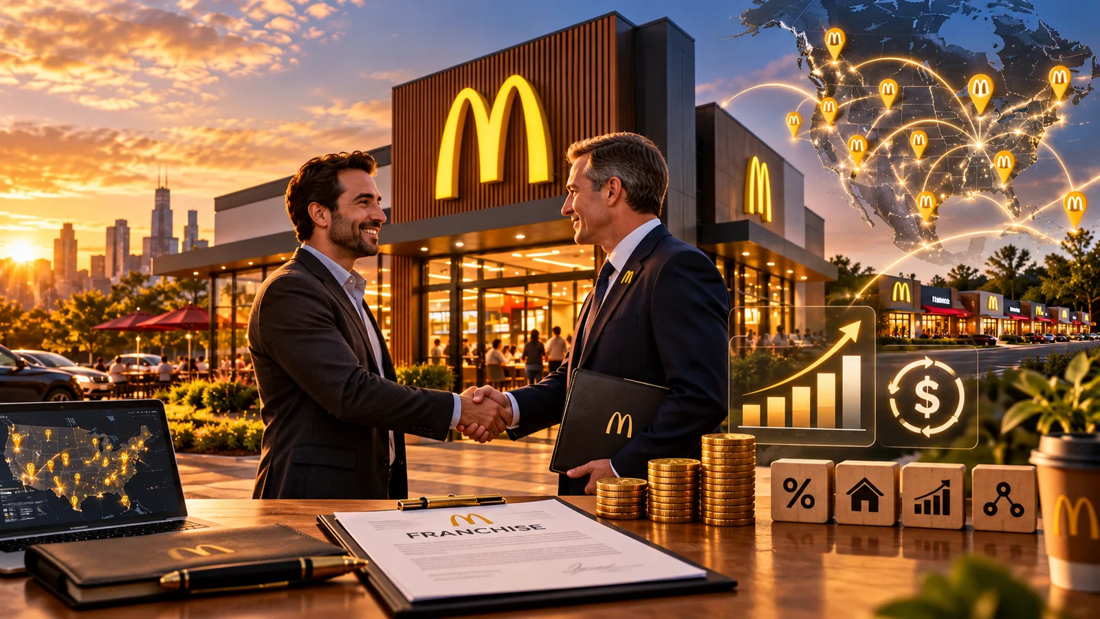 Conceptual AI-generated image illustrating McDonald's franchise partnerships and restaurant economics