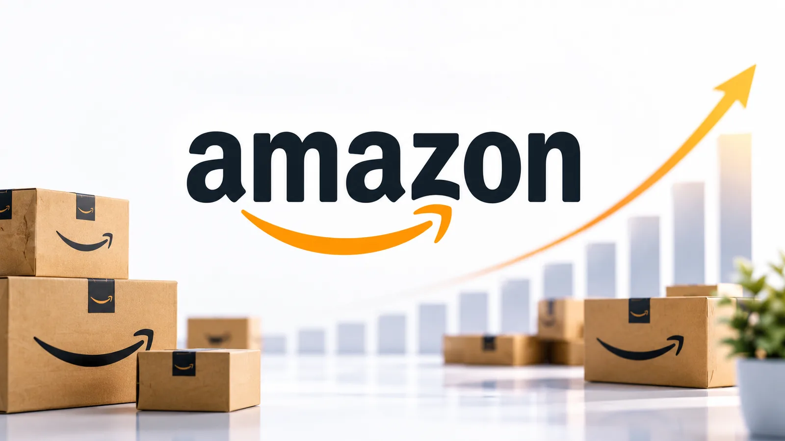 AI-generated editorial illustration of Amazon-branded parcels, the Amazon wordmark and a conceptual growth chart.