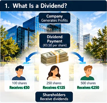 Illustration showing a company distributing cash dividends to shareholders.