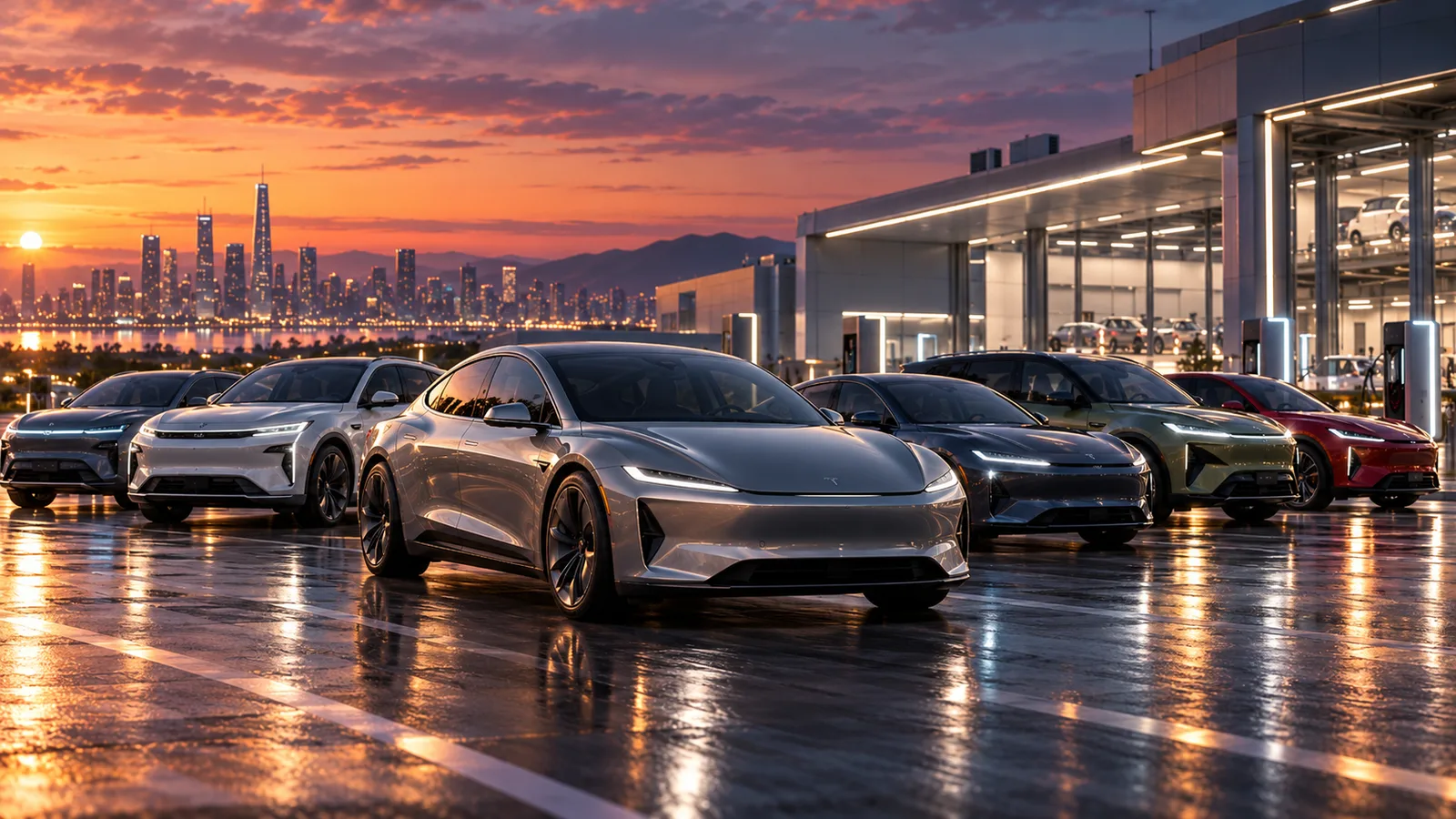 AI-generated conceptual lineup of electric vehicles illustrating market competition