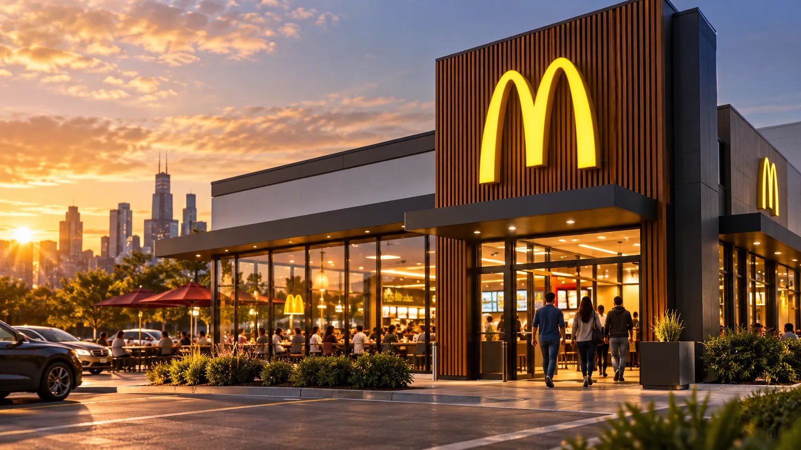 AI-generated editorial illustration of a McDonald's restaurant exterior at sunset
