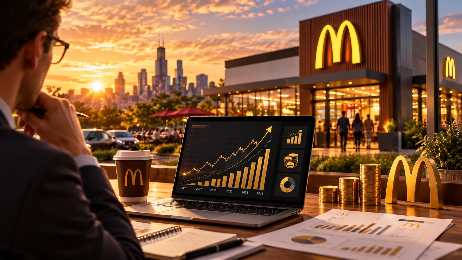 Conceptual AI-generated illustration of an analyst reviewing McDonald's financial performance; figures are decorative