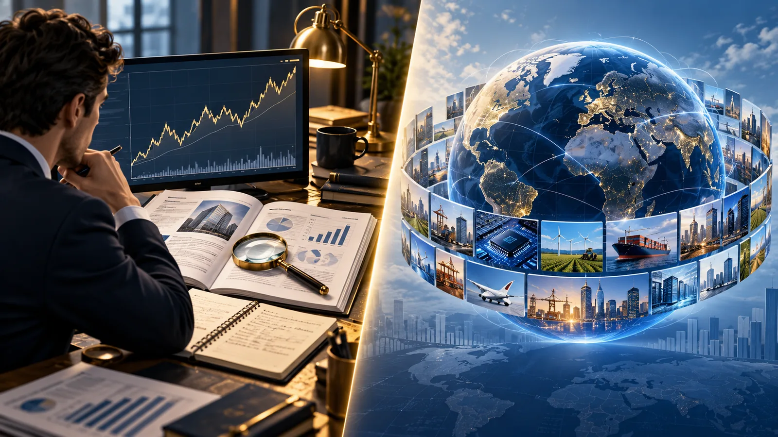 Conceptual split illustration contrasting an individual-stock research desk with diversified global equity exposure through an ETF.