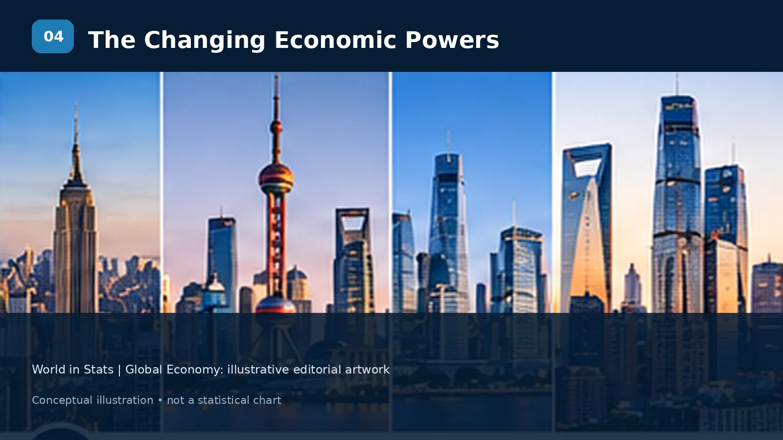 Visual representation of major economic regions and changing global economic power.