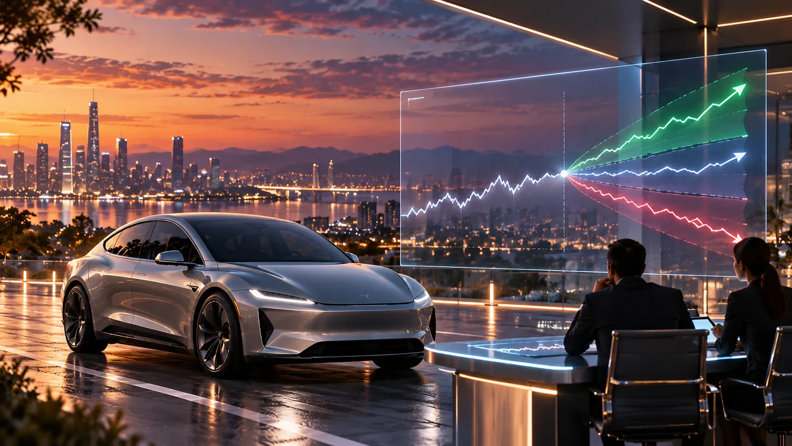 AI-generated illustration of analysts comparing divergent financial scenarios for an electric vehicle business