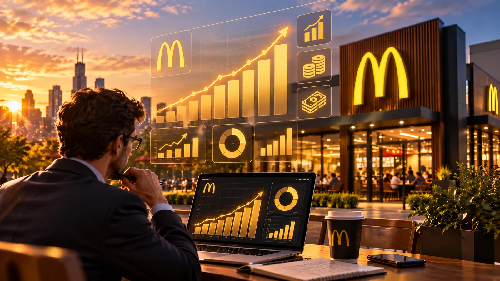 AI-generated illustration of financial analysis near a McDonald's restaurant; illustrative charts do not represent reported data