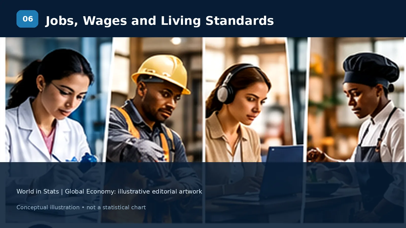 Illustration of workers in different economic sectors and employment conditions.