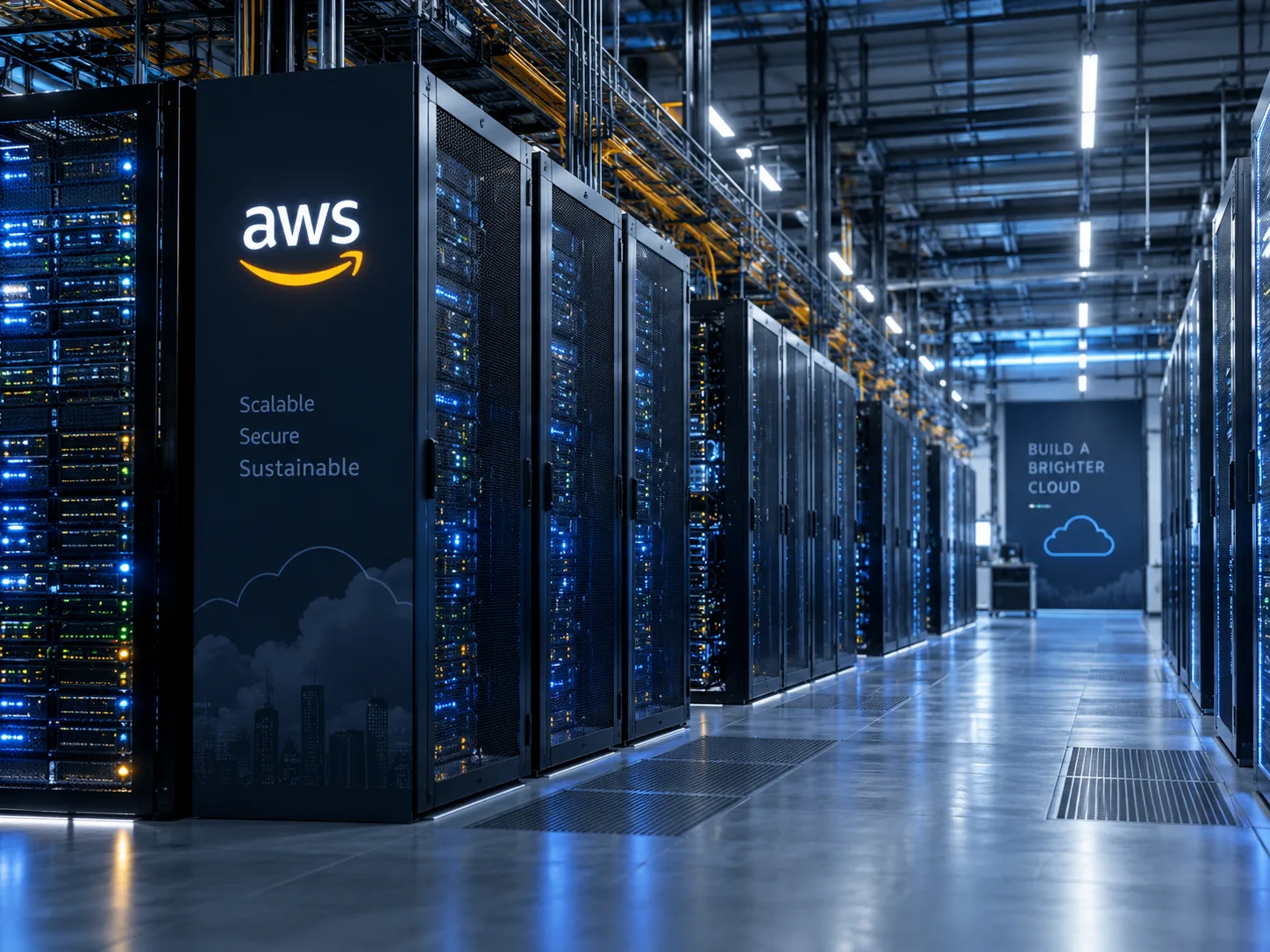 AI-generated illustration of server racks in an AWS-themed data centre.