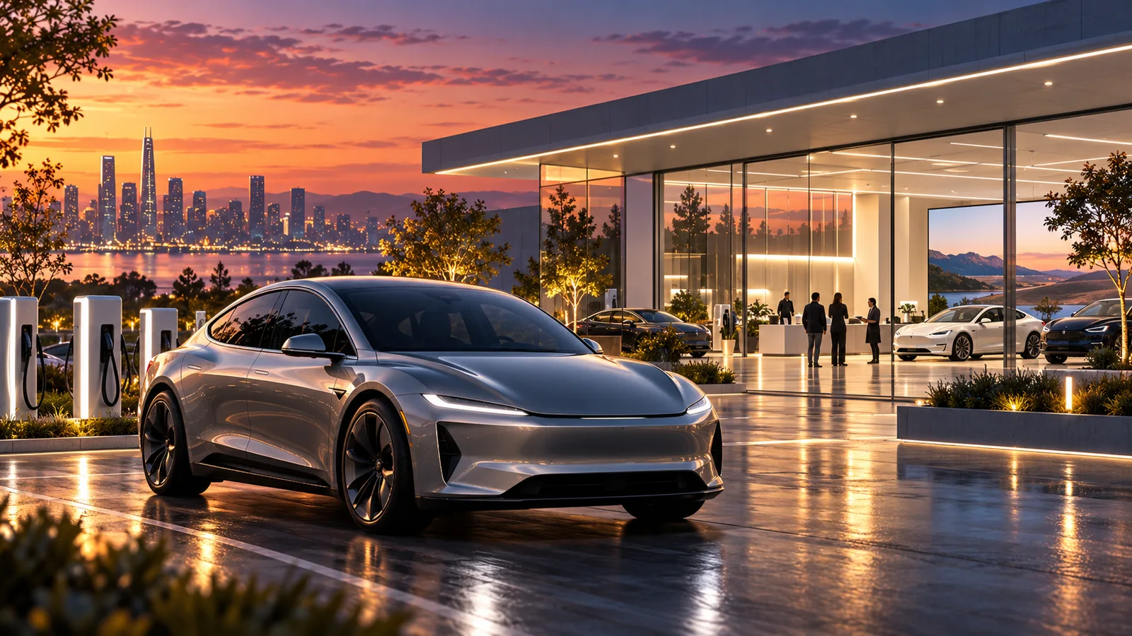 AI-generated conceptual image of an electric sedan outside a contemporary showroom at sunset
