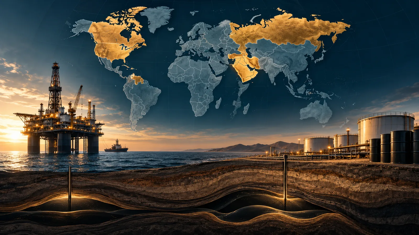 Conceptual world map above offshore oil extraction infrastructure, storage tanks and underground geological layers; illustrative artwork, not a statistical map.