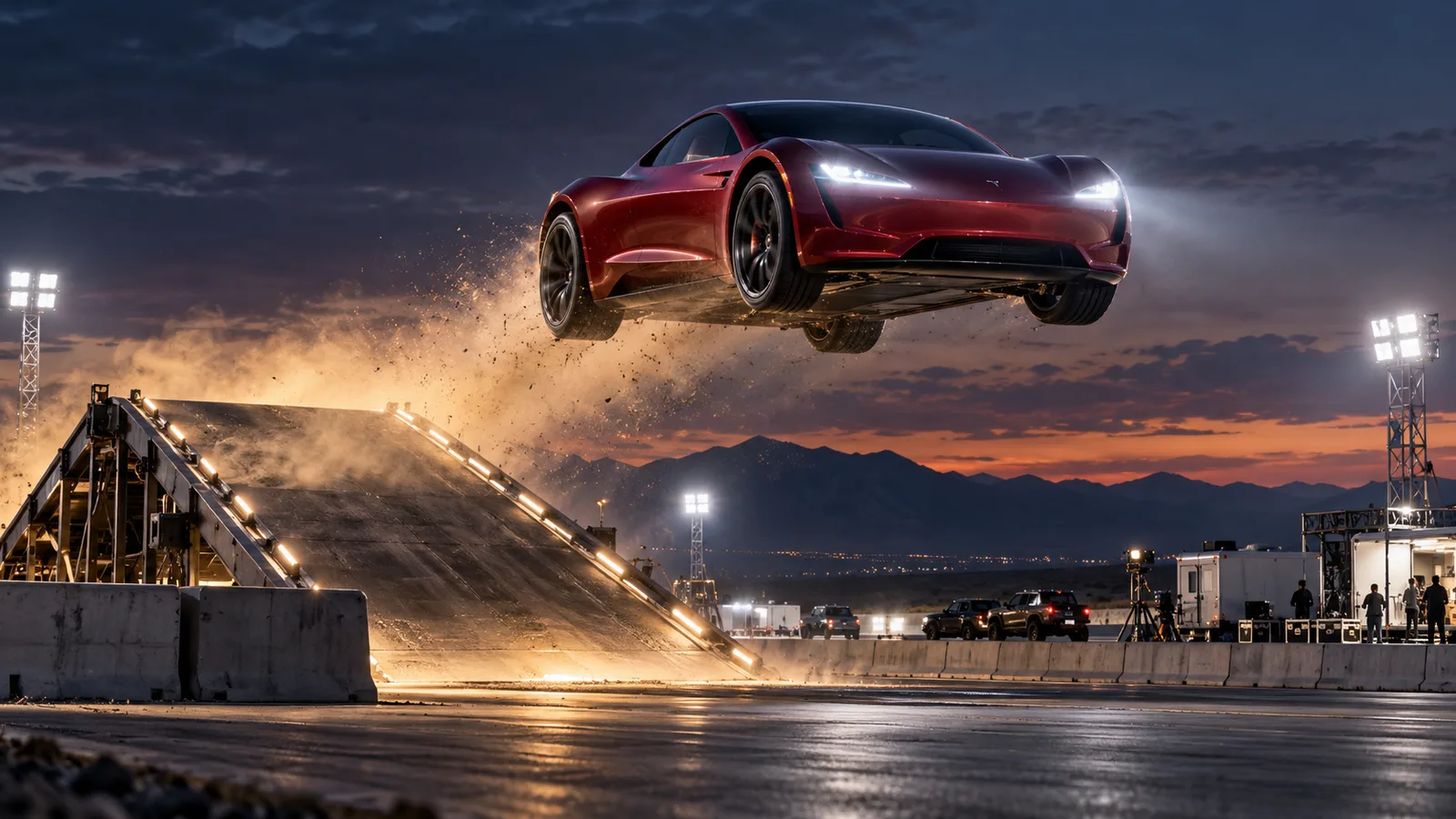 AI-generated editorial illustration of a red Roadster-style sports car airborne above a ramp at a dusk test facility. Not a photograph of the Tesla event.