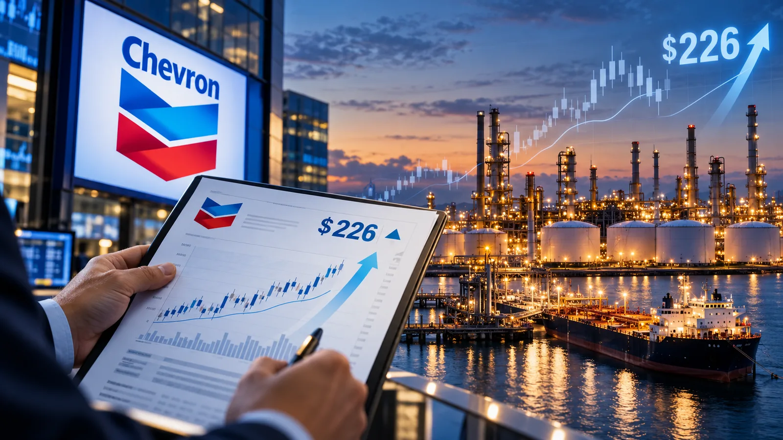 AI-generated editorial illustration of Chevron branding, an investor reviewing market charts and an illuminated oil refinery at dusk; not a documentary image or real stock-price chart.