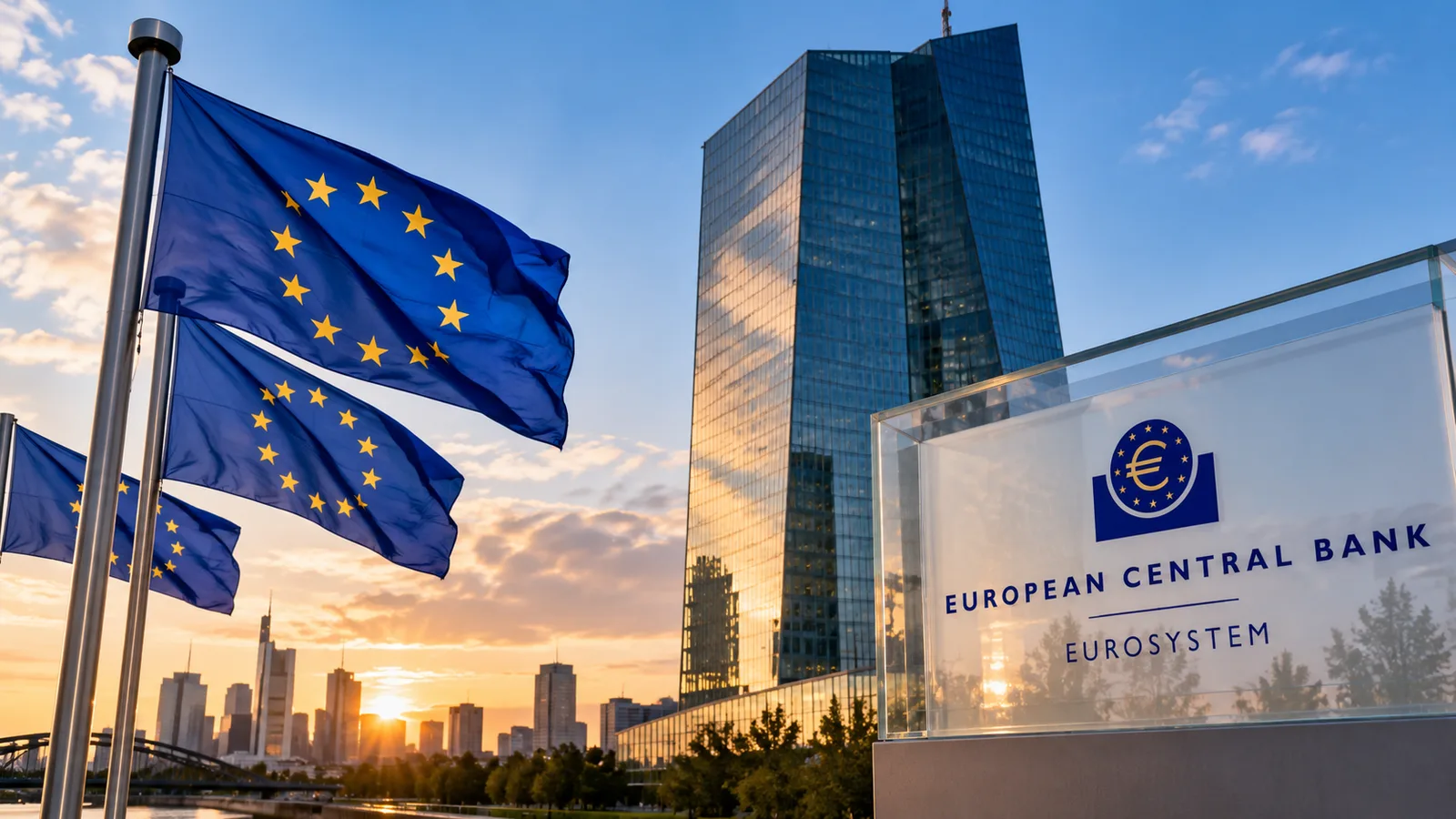 AI-generated illustration of the European Central Bank headquarters in Frankfurt with European Union flags at sunset.