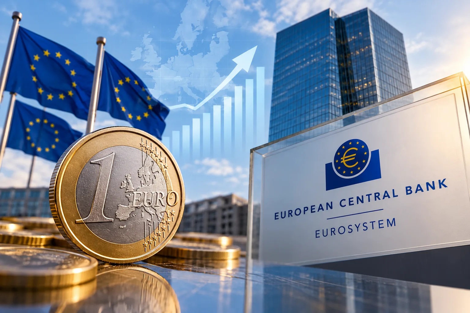 AI-generated illustration of a euro coin, an EU flag, modern buildings and rising bars; not a statistical chart.