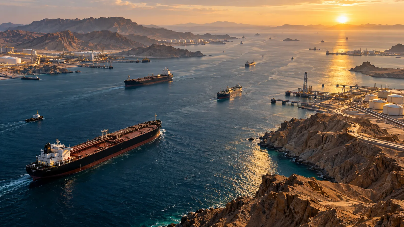 AI-generated conceptual illustration of oil tankers navigating a Gulf shipping channel near energy terminals at sunset; not an actual photograph of the Strait of Hormuz
