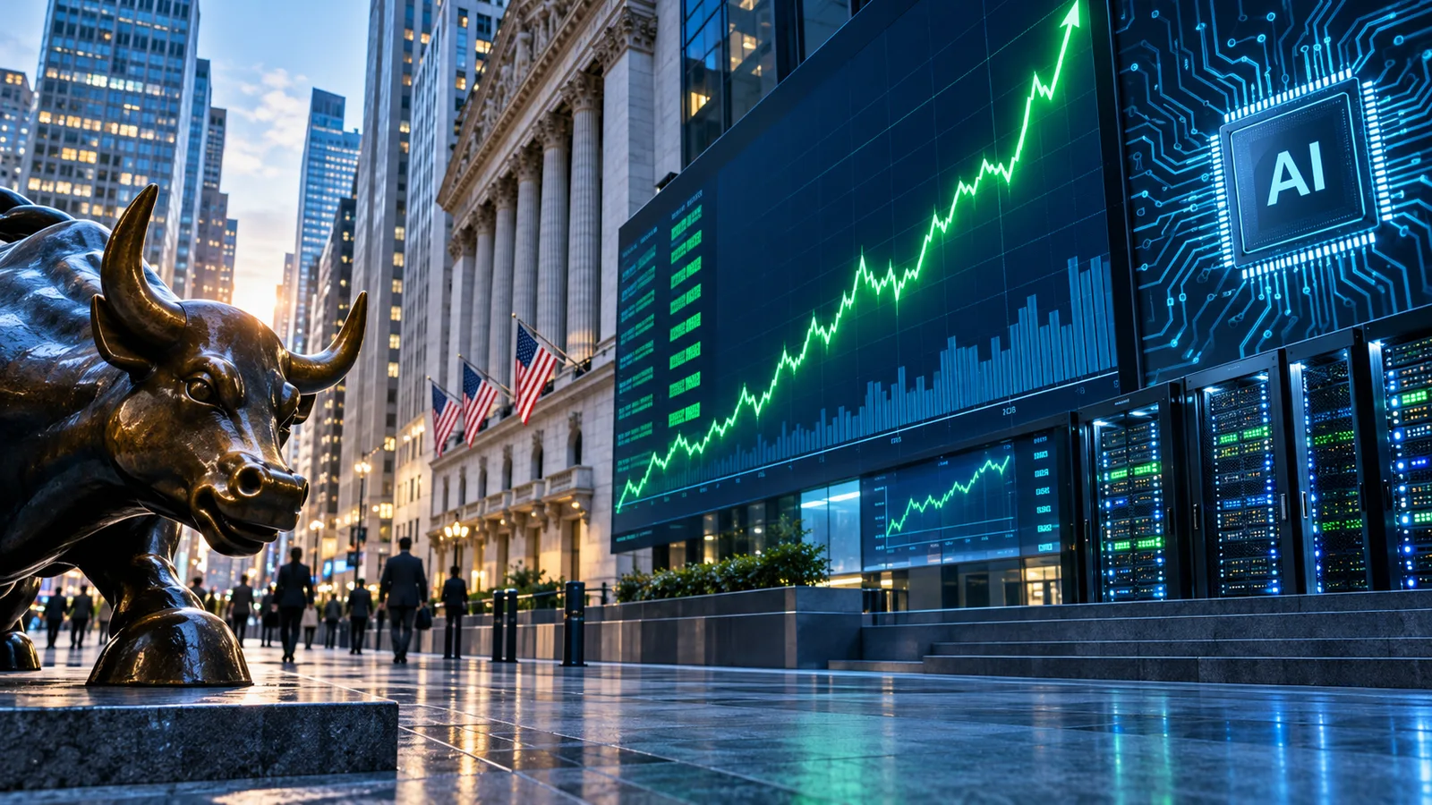 AI-generated editorial illustration of Wall Street, a rising stock-market chart and artificial-intelligence computing infrastructure; the chart is conceptual, not actual market data.