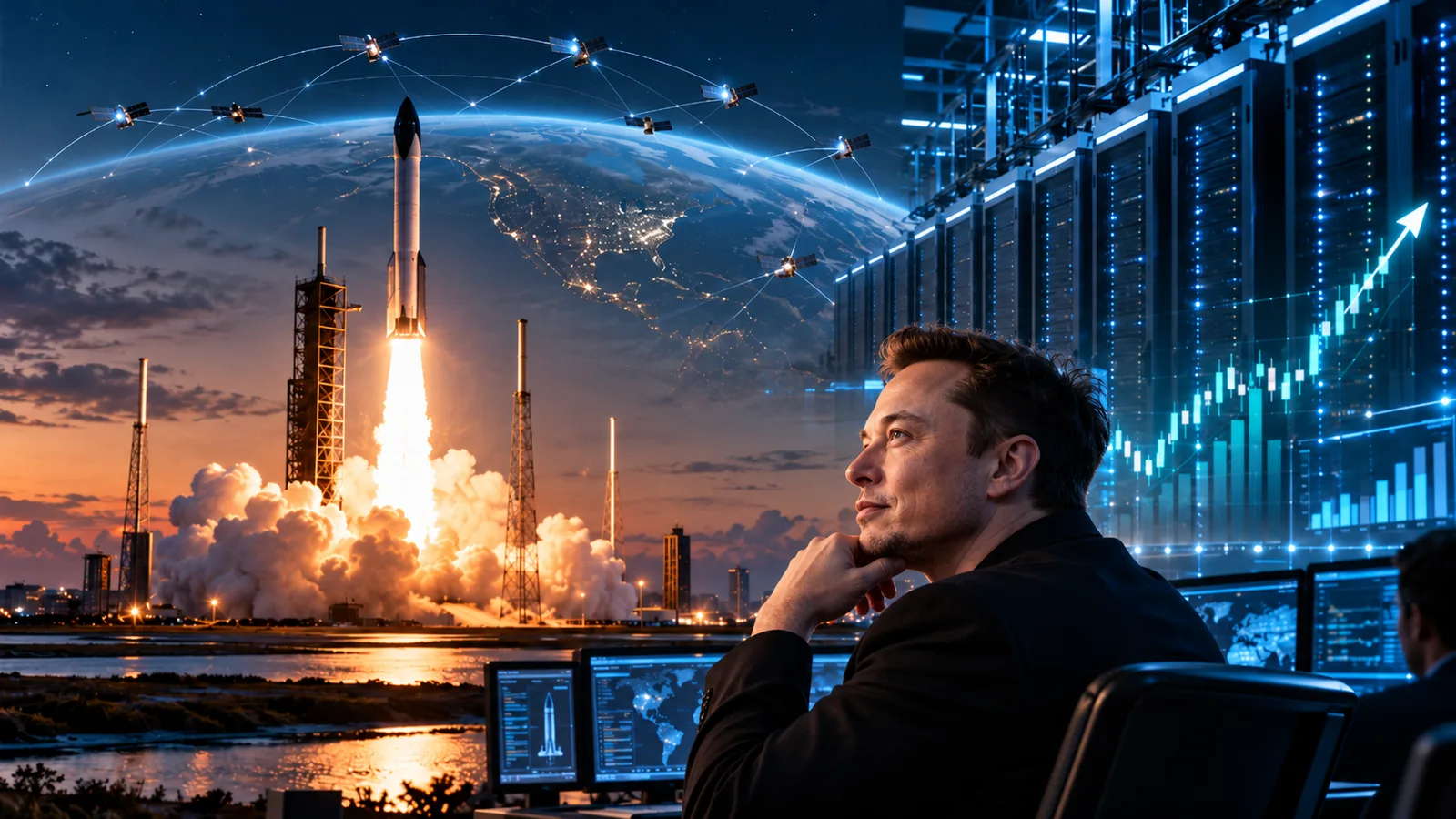 AI-generated editorial illustration of Elon Musk observing a rocket launch, satellite communications network, AI data centre and financial market graphics.
